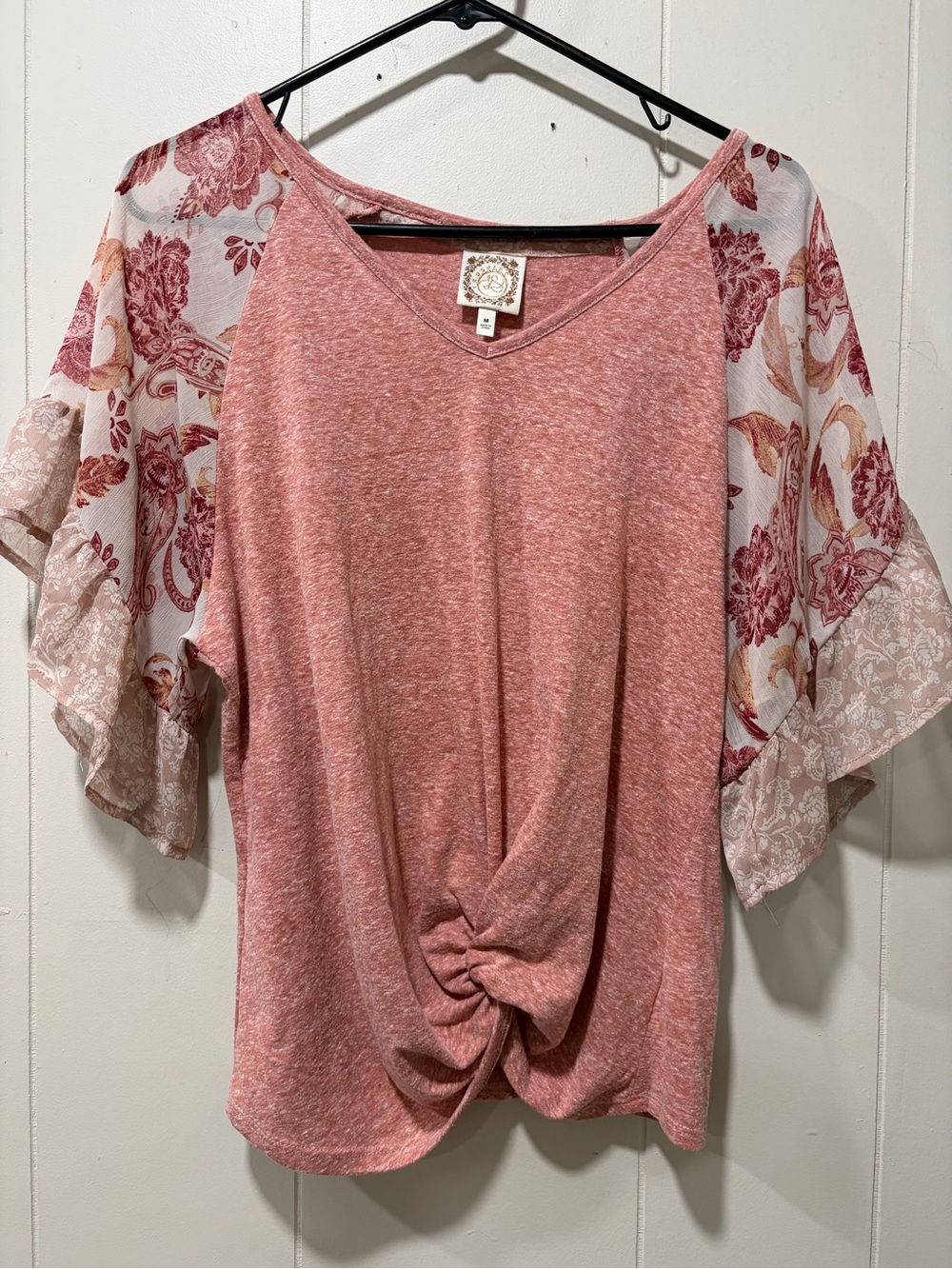 TRUSELF Women's Dusty Rose Knit Top with Floral Mesh Sleeves